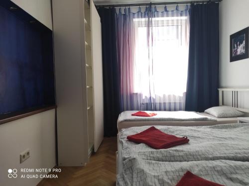 1 dormitorio con 2 camas y ventana en Apartment Maximilian, en Bratislava