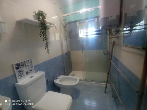 a small bathroom with a toilet and a shower at En el camino in Santiso