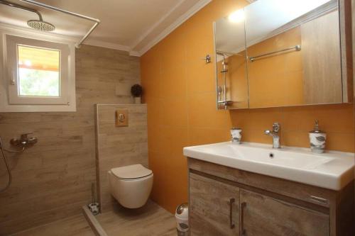 a bathroom with a sink and a toilet and a mirror at Olga Home Agios Ioannis Lefkada - Lefkada BnB in Lefkada Town