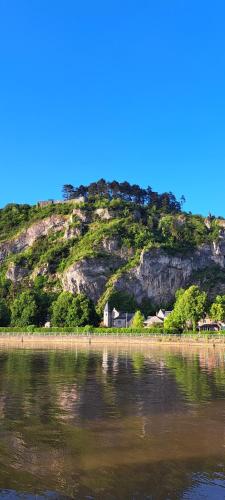 a mountain with trees on it next to a body of water at Claire de Meuse Cozy apartment Detox with river and hills in Anhée