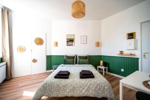 um quarto verde e branco com uma cama grande em Le Studio Saint-Pierre - Dax em Dax