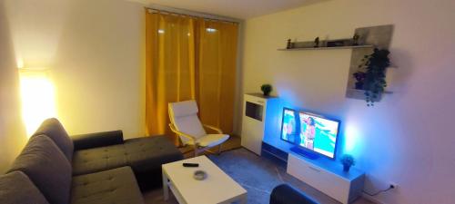 uma sala de estar com um sofá e uma televisão em Charmante Wohnung in Mitten von Mainz em Mainz