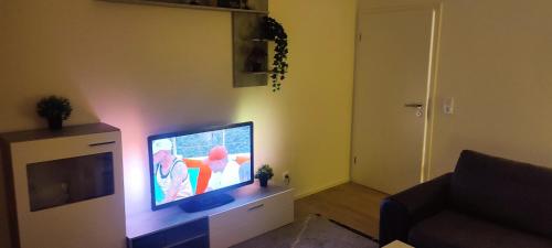 uma sala de estar com uma televisão de ecrã plano num centro de entretenimento em Charmante Wohnung in Mitten von Mainz em Mainz