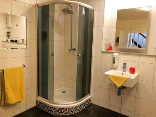 a bathroom with a shower and a sink at Ferienhaus Schwanennest in Zell an der Mosel