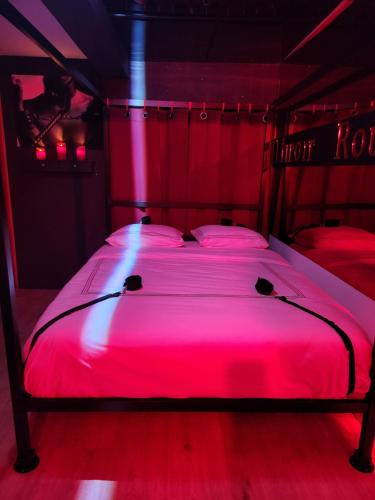 a bedroom with a bed with red lights on it at Studio Le Miroir Rouge in Meaux