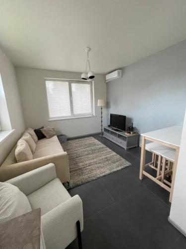 a living room with a couch and a tv at JZ apartamentai in Kelmė