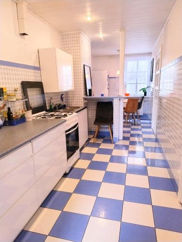 een keuken met een blauwe en witte geruite vloer bij GreenHill House in Kaunas