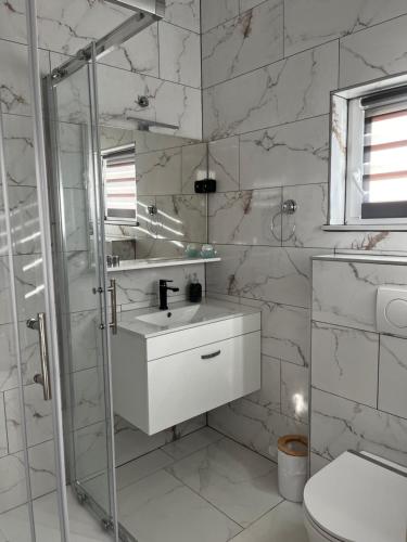 bagno bianco con lavandino e doccia di Apartma Šmit (1) a Vir (Puntadura)