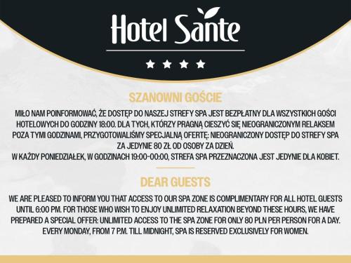 eine Flyer-Vorlage für eine Hotelsuite mit einem Textmuster des Hotels in der Unterkunft Hotel Sante in Warschau