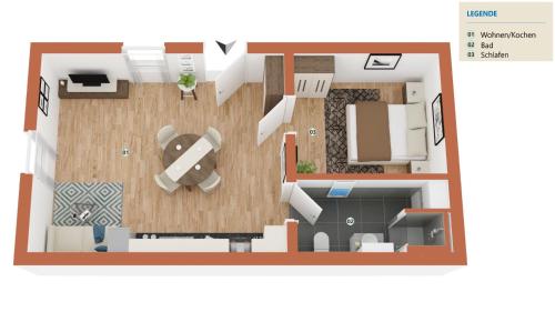 un plano del piso de una habitación en FeWo Urban Gotha - Apartment Orangerie - Am Schlosspark- Parken an der der Tür- Barrierefrei, 900 Meter zum Bahnhof - Wallbox, en Gotha