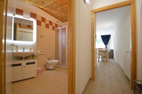 bagno con lavandino, doccia e servizi igienici di Ary Holiday Home Ski , Bike & Walk a Santa Caterina Valfurva