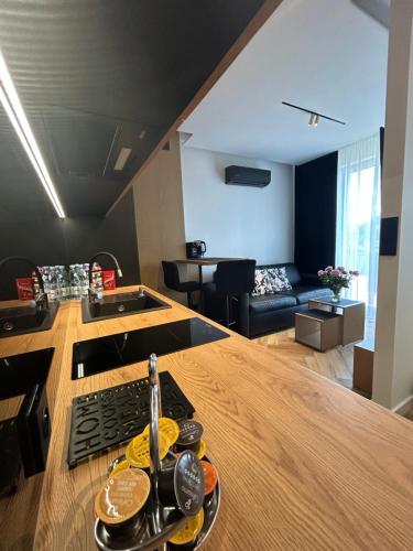 eine Küche und ein Wohnzimmer mit einer Arbeitsplatte in der Unterkunft Business Apartment Płock in Płock