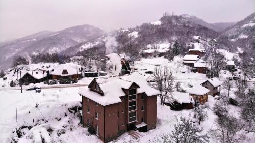 un village recouvert de neige avec des montagnes en arrière-plan dans l'établissement BAJKA, à Crni Vrh