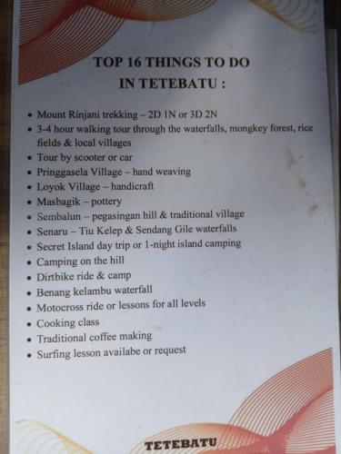 a sign with a list of things to do in ireland at MY HOME tetebatu in Tetebatu