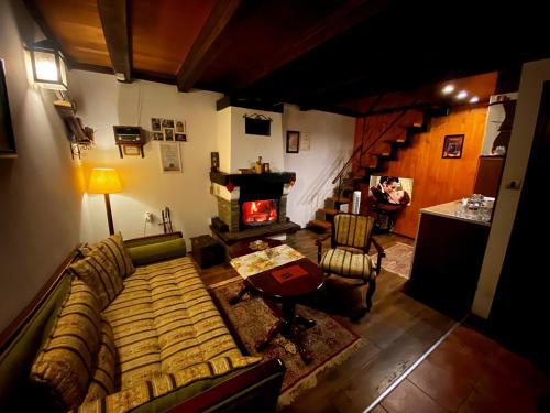 a living room with a couch and a fireplace at Brvnare Platan - oaza prirode in Vrdnik