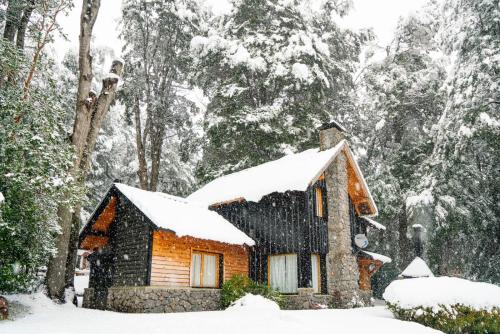 uma cabana de madeira na neve em Melewe em Villa La Angostura