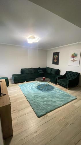 a living room with a couch and a table on a rug at Tudor Apartament in Ocna-Mureşului