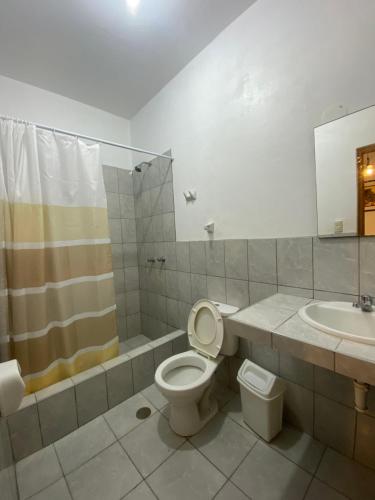 La salle de bains est pourvue de toilettes et d'un lavabo. dans l'établissement Ravenala Paracas Hostel, à Paracas