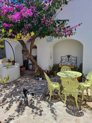 Eine Katze steht neben einem Tisch, Stühlen und einem Baum in der Unterkunft Castle House and Beach in Sines