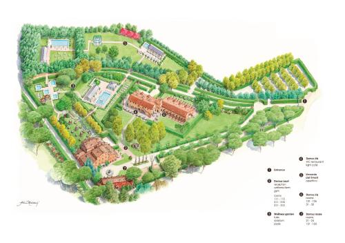 una mappa di un parco con alberi e edifici di QC Termeroma Spa and Resort a Fiumicino