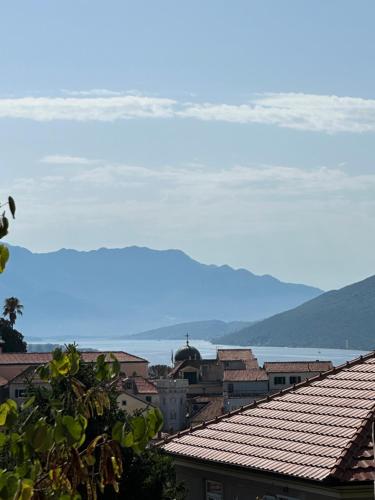 - une vue sur les toits des bâtiments et l'océan dans l'établissement Terrazza House Old Town Herceg Novi, à Herceg-Novi