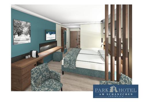 a rendering of a bedroom with a bed and a chair at Parkhotel "Am Schänzchen" in Andernach