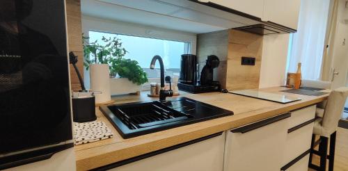 a kitchen counter with a sink and a window at HANESI apartments Luhačovice in Luhačovice