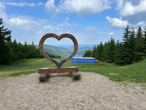 una scultura di cuore seduta sopra un campo di U jelena Harrachov - rodinný apartmán u lesa s garáží a Harrachov