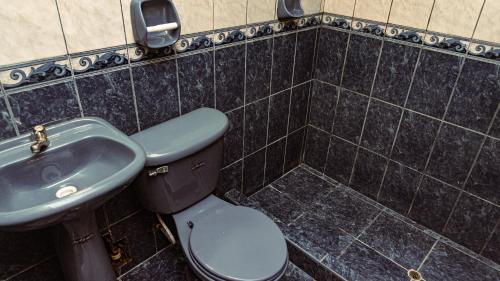 a bathroom with a blue toilet and a sink at Rama Inn Hostal in Puno