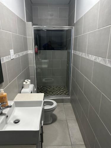 e bagno con doccia, servizi igienici e lavandino. di Mountain Drive Apartments a Mbabane