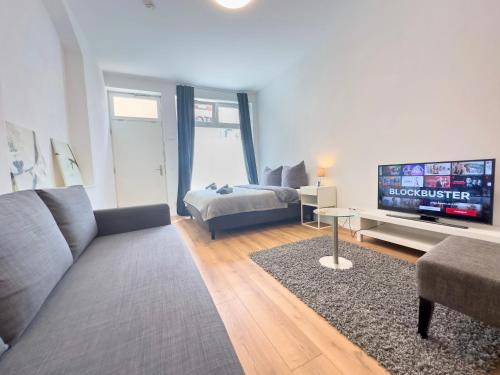 Televiisor ja/või meelelahutuskeskus majutusasutuses Moderne Wohnung im Zentrum der Altstadt - Altbau Flair, WLAN