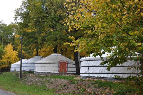 duas cúpulas brancas com uma porta vermelha num campo em Dobogókő Jurtaszállás em Dobogoko