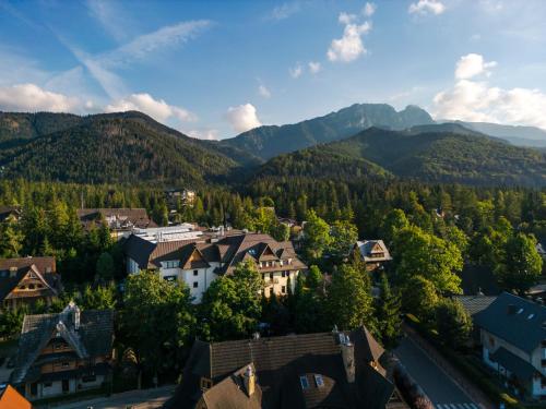 una vista aerea di una città in montagna di Hotel Belvedere Resort&SPA a Zakopane