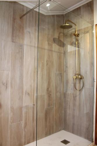 a shower with a glass door in a bathroom at Apartamentos Los Hidalgos in Santillana del Mar