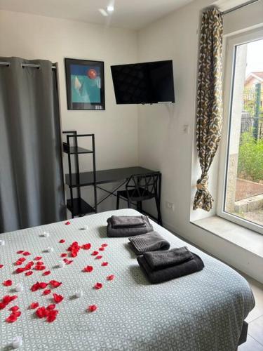 a bedroom with a bed with red flowers on it at Mozart Cosy Love room in Chasse-sur-Rhône