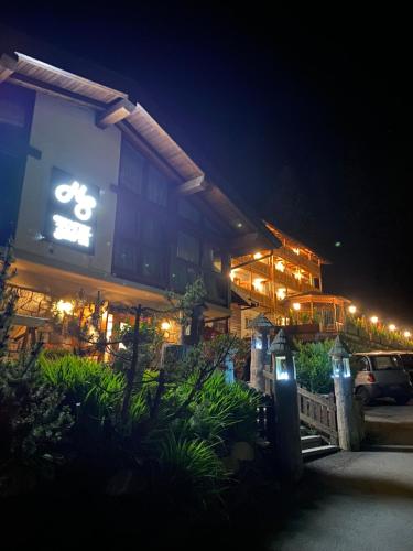 ein Gebäude mit Lichtern in der Nacht davor in der Unterkunft Hotel Selva in Folgarida