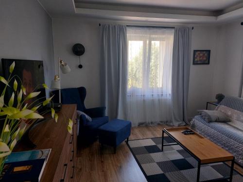 sala de estar con sofá azul y ventana en Apartament Nadmorski, en Gdynia