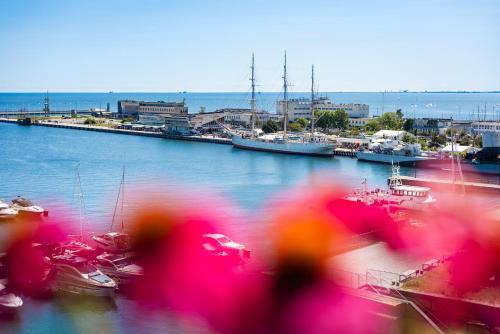 een groep boten aangemeerd in een jachthaven bij Sea Towers Gdynia Apartament z Widokiem na Morze in Gdynia