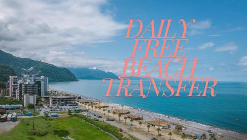 a beach with the words daily free beach transfer at Lazare in Batumi