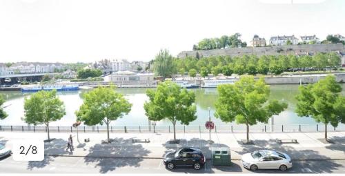 een uitzicht op een parkeerplaats met auto's en bomen bij Résidence Amaya - haut standing au bord de l'Oise in Pontoise