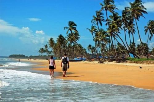 two people walking on a beach with palm trees at Colva beach Xaviers Guest House in Colva