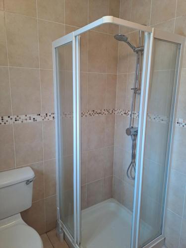 La salle de bains est pourvue d'une douche avec une porte en verre. dans l'établissement Beachmount house, à Cork