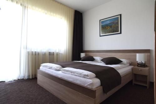 um quarto com uma cama grande e uma janela grande em TIM rooms em Velika Gorica