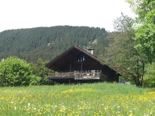 ein Gebäude auf einem Feld mit einem Blumenfeld in der Unterkunft alleinstehendes Ferienhaus in Grindelwald