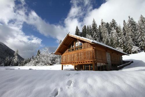 マドンナ・ディ・カンピリオにあるPra de la Casaの雪の中の木々の丸太小屋