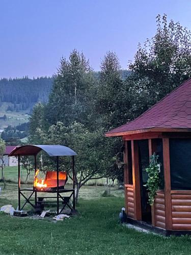 un barbecue in un gazebo accanto a una cabina di Садиба Карпат a Verkhovyna