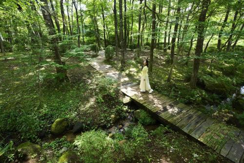 een vrouw op een houten brug in het bos bij RISONARE Nasu in Nasu