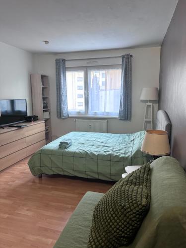 een slaapkamer met 2 bedden en een flatscreen-tv bij Beau studio proche Strasbourg in Illkirch-Graffenstaden