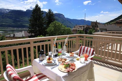 un tavolo con cibo in cima a un balcone di Überbacherhof a Termeno