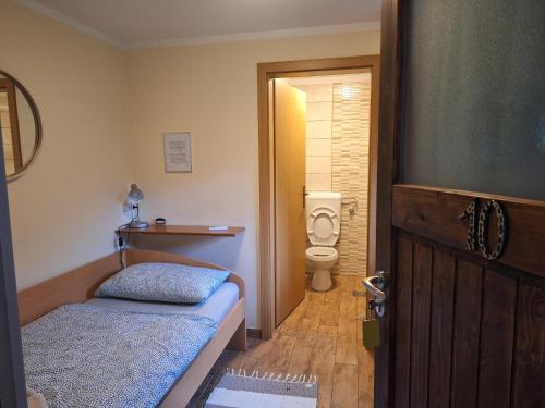 een kleine badkamer met een bed en een toilet bij Rooms Pri Lovrižu in Kobarid